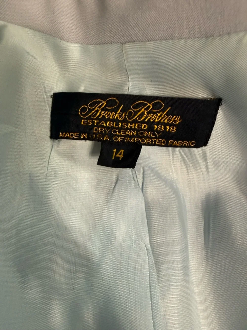 Brooks Brothers Light Blue Wool Suit Set Blazer Jacket & Pants Size 14 Flaws